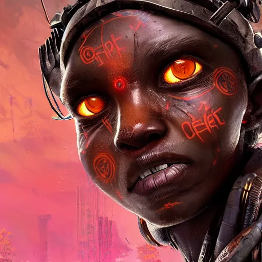 Image similar to a dark and ominous cyborg african child soldier with glowing eyes and facial scarification marks, Apex Legends character digital illustration portrait design, by android jones and greg rutkowski in a cyberpunk voodoo style, retrowave color scheme, detailed, cinematic lighting, wide angle action dynamic portrait