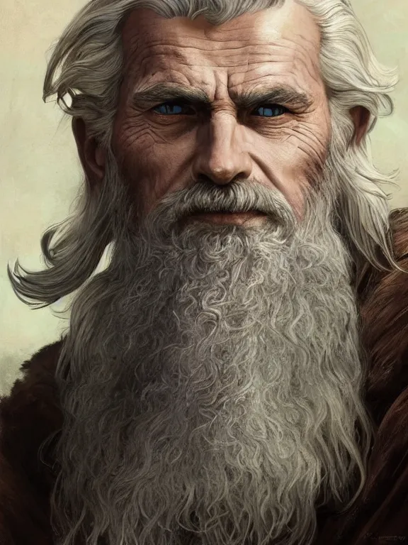 Prompt: painted portrait of rugged odin, god of war, old viking, norse god, white hair, masculine, mature, handsome, upper body, grey and silver, muscular, hairy torso, fantasy, intricate, muscular, elegant, highly detailed, digital painting, artstation, concept art, smooth, sharp focus, illustration, art by gaston bussiere and alphonse mucha