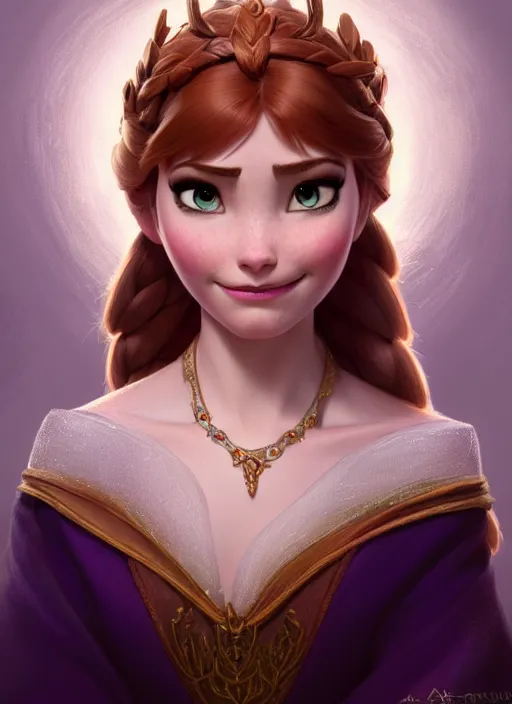 Prompt: anna from frozen, d & d, fantasy, intricate, elegant, highly detailed, digital painting, artstation, concept art, matte, sharp focus, illustration, hearthstone, art by artgerm and greg rutkowski and alphonse mucha