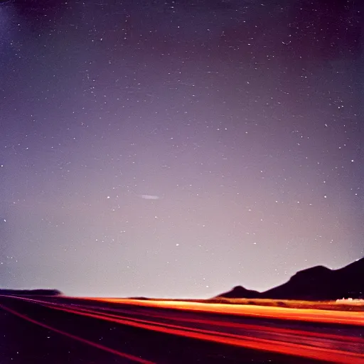 Image similar to long exposure night lansdscapes, 5 seconds shutter, Cinestill 800T