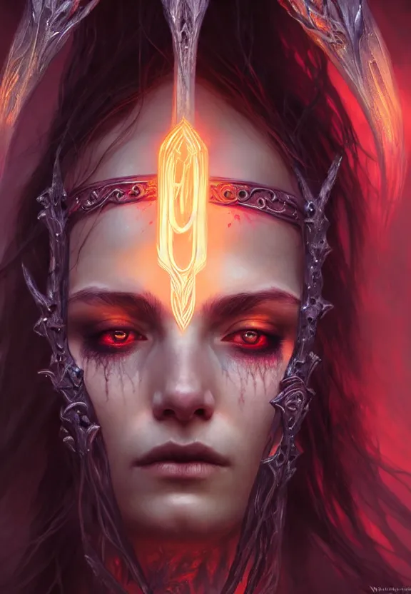 Image similar to Necromancer Sorceress face close-up macro in center, fantasy magic, undercut hairstyle, dark light night, intricate, elegant, sharp focus, illustration, highly detailed, digital painting, concept art, matte, art by WLOP and Artgerm and Greg Rutkowski and Alphonse Mucha, masterpiece