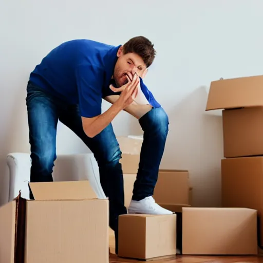 Image similar to moving day disaster. photo of man with long light brown hair throwing up all over himself