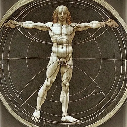 Prompt: Da Vinci's Vitruvian Man as a marble sculpture by Michelangelo