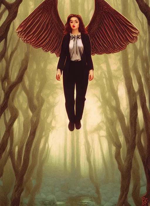 Prompt: twin peaks poster art, by michael whelan, rossetti bouguereau, artgerm, retro, nostalgic, old fashioned, kyle mclaughlin, large owl wings wrap around dale cooper