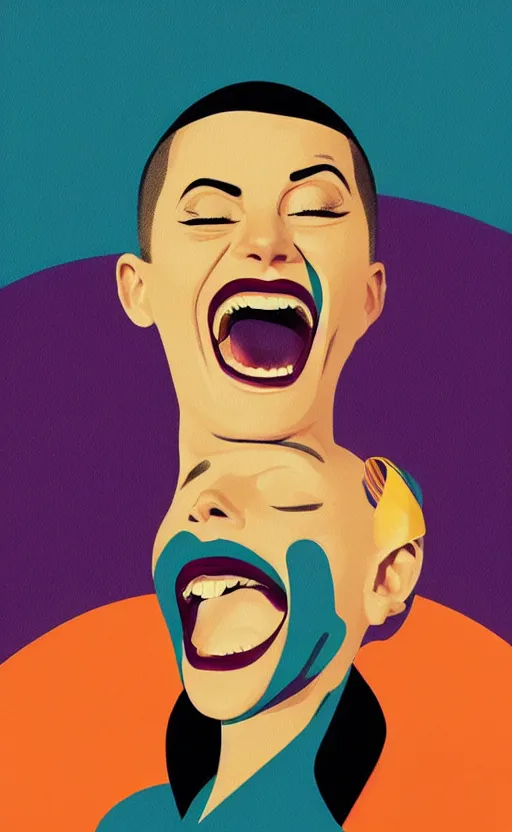 Prompt: illustration portrait of a woman with white buzzcut laughing out loud, art deco painting by tom whalen, by tomer hanukam funny meme photo, trending on behance, digital illustration, storybook illustration, grainy texture, flat shading, vector art, airbrush, pastel, watercolor, poster