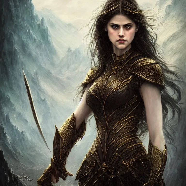 Prompt: beautiful cinematic fantasy poster with Alexandra Daddario from Middle-Earth, fantasy, portrait, sharp focus, intricate, elegant, digital painting, artstation, matte, highly detailed, concept art, illustration, ambient lighting, hybrid from The Elden Ring and art direction by Darius Zawadzki ;by artgerm; wayne reynolds art station; cinematic quality character render; low angle; ultra high quality model; production quality cinema model;