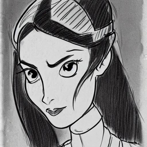 Image similar to milt kahl sketch of princess padme from star wars episode 3 with hair tendrils