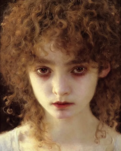 Image similar to a beautiful but sinister girl in layers of fear, with haunted eyes and curly hair, 1 9 7 0 s, seventies, delicate embellishments, a little blood, crimson, painterly, offset printing technique, by jules bastien - lepage, mary jane ansell