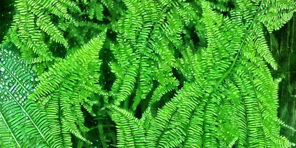 Image similar to deep green fern leaves with drops of water and glitter shimmering in the moonlight