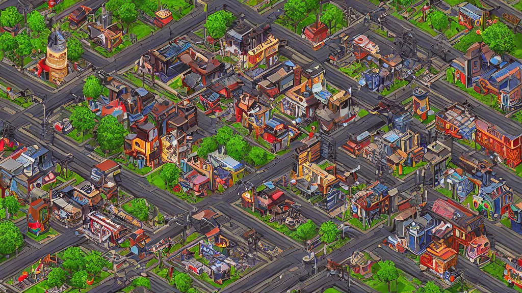 Image similar to photorealism spoiled isometric railroad village / city setting