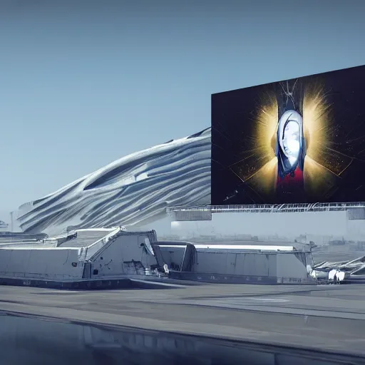 Image similar to sci-fi wall structure shape x o y on the coronation of napoleon painting and digital billboard in the middle, unreal engine 5, keyshot, octane, artstation trending, ultra high detail, ultra realistic, cinematic, 8k, 16k, in style of zaha hadid, in style of nanospace Michael Menzelincev, in style of Lee SOUDER, colors in style of the Blade Runner 2049 cloud, in plastic, dark, tilt shift,