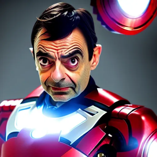 Prompt: mr. bean as ironman in the avengers movie. movie still. cinematic lighting.