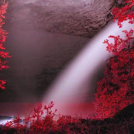 Prompt: Brutalism waterfall night time dramatic light red fog