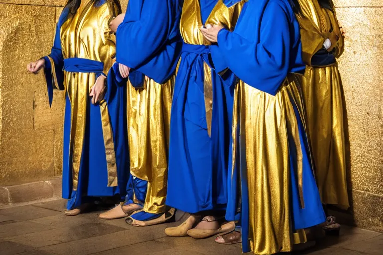 Image similar to photo of 3 women at the tomb of jesus, blue robes, golden triangle composition