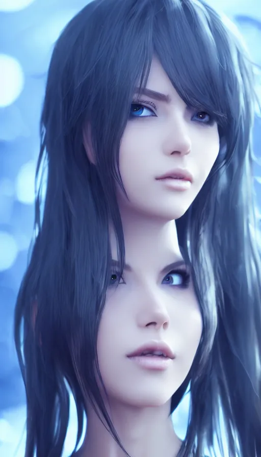 Image similar to render as a very beautiful 3d anime woman with short brown hair, blue eyes, heavy makeup, short smile, cinematic lightning, highly detailed, trending on Artstation, Unreal Engine 4k, cinematic wallpaper