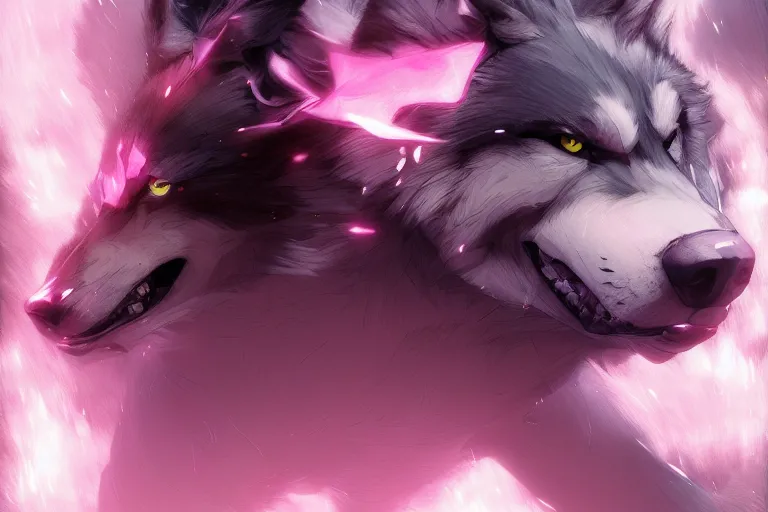 Image similar to a cinematic portrait of smoking realistic wolf in pink shirt, digital painting, artstation, concept art, anime key visual, 8 k, cinematic lighting, beautiful, mist, hyper detailed, masterpiece by krenz cushart, yoji shinkawa artgerm, jon lothian, danilo torres, adi meyers, thomas reimann, gaston bussiere,