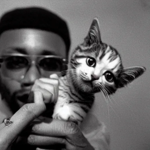 Image similar to 15mm wide-angle lens photo of a rapper in 1990 New York holding a kitten up to the camera