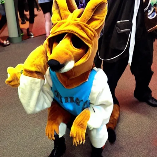 Image similar to snoop dog wearing a fox fursuit at a furry convention, indoor convention vendors