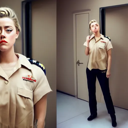 Image similar to amber heard in prison uniform handcuffed, ultra realistic, canon 3 5 mm portrait photography, 8 k