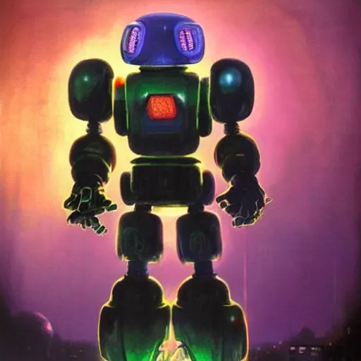 Prompt: a dark and colorful close - up of a sci - fi mecha supermario robot with led lights glowing fog in the background. highly detailed science fiction painting by norman rockwell, frank frazetta, and syd mead. rich colors, high contrast, gloomy atmosphere, dark background. trending on artstation