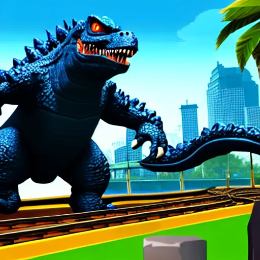 Image similar to an in-game screenshot of Godzilla as a playable skin in Subway Surfers, as coherent as Dall-E 2