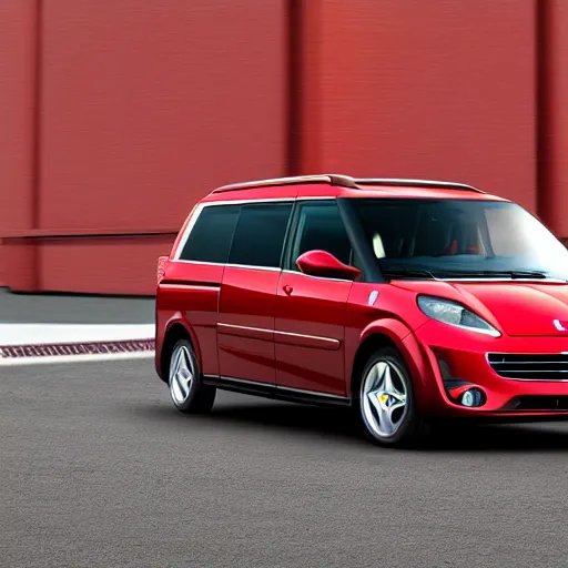 Prompt: a minivan made by ferrari, centered in frame, advertisement, motion blur, ad