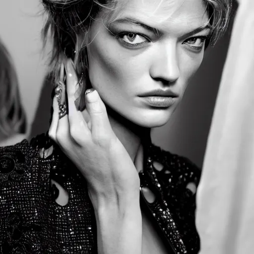 Image similar to A beautiful portrait of Martha Hunt as a model at Chanel fashion show as a model Spring/Summer 2018, highly detailed, in the style of cinematic, Milan fashion week backstage, Extreme close up, Makeup by Pat McGrath, Hair by Guido Palau, Greg rutkowski