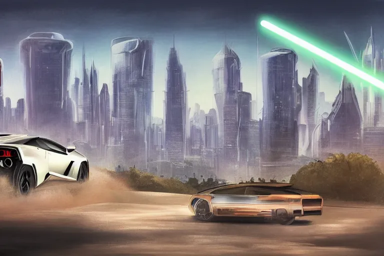 Prompt: a futurisitic well designed car by lamborghini and boeing military and honda, in a city, skyline in the distance, day, summer, painting by best science fiction artists and asher brown durand and star wars, ultra mega detailed, beautiful realistic photo, professional photography, uhd upscale, 8 k, perfect