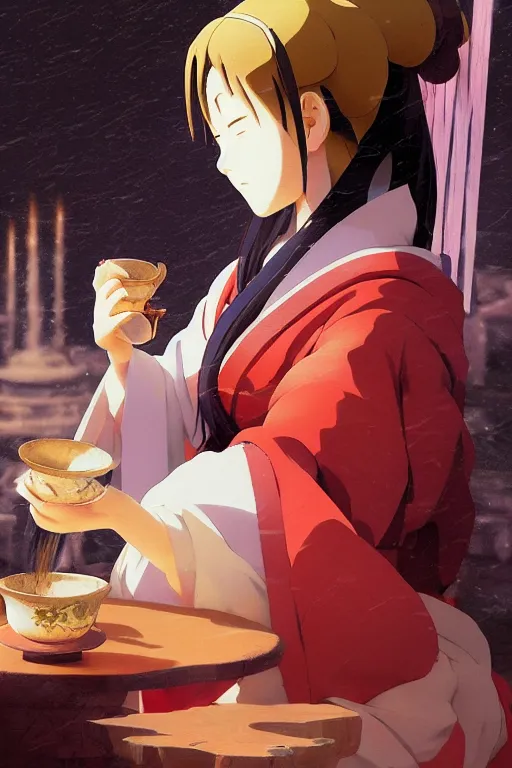 Image similar to baroque oil painting of anime key visual concept art of anime traditional japanese shinto priestess pouring a cup of tea gracefully, sat in seiza position, award winning, trending on artstation, palette knife! and brush strokes, oil on canvas, makoto shinkai greg rutkowski studio ghibli