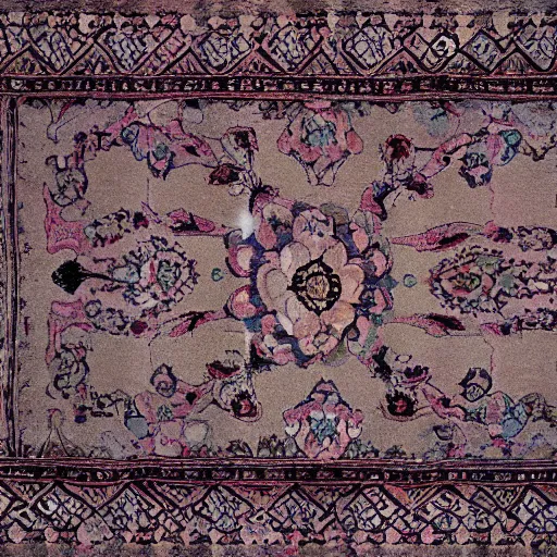 Prompt: topdown perspective of an old carpet with flower design