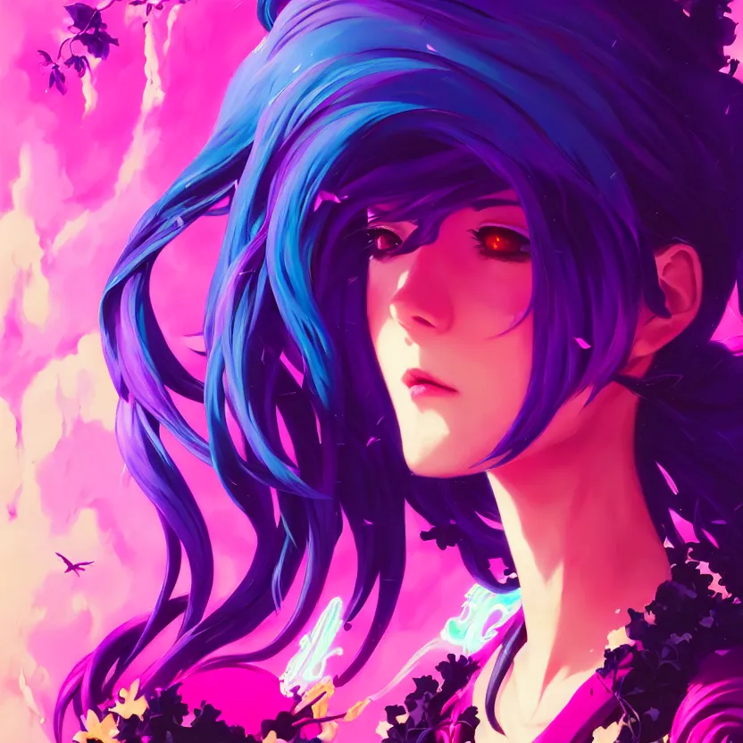 prompthunt: side profile macro portrait, cute modern gothic anime girl with  synthwave flower background, gloomhaven, colorful swirly retrowave style  fantasy poster, by greg manchess, lois van baarle, sachin teng, greg  rutkowski, jesper