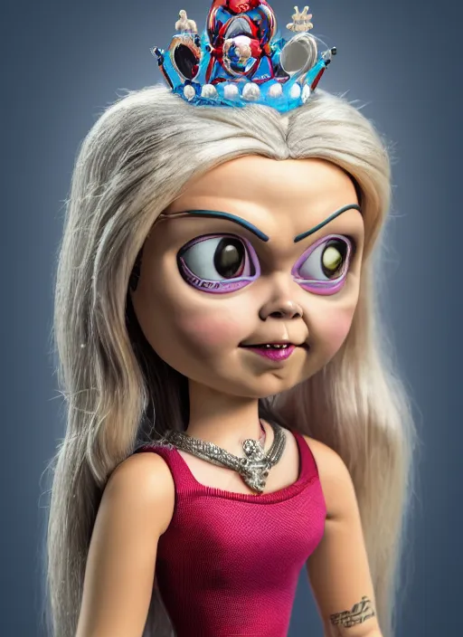 Image similar to closeup face profile portrait of a tin toy greta thunberg as the bride of chucky as a fairytale princess wearing a crown, bikini, depth of field, zeiss lens, detailed, fashion photoshoot, by nicoletta ceccoli, mark ryden, lostfish, breathtaking, 8 k resolution, extremely detailed, beautiful, establishing shot, artistic, hyperrealistic, octane render