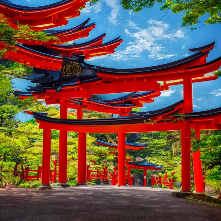 Prompt: incredibly cool album cover, depiciting a beautiful futuristic torii shinto shine, centered symmetrical, 4k ultra, trending, modern color scheme