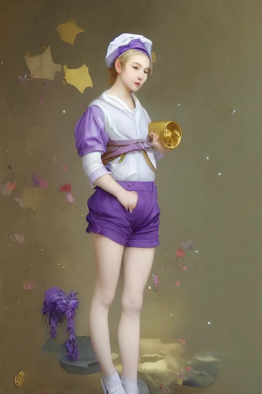 Image similar to Full View girl with short blond hair wearing an oversized purple Beret, Baggy Purple overall shorts, Short Puffy pants made of silk, silk shoes, a big billowy scarf, Golden Ribbon, and white leggings Covered in stars. Short Hair. masterpiece 4k digital illustration by Ruan Jia and Mandy Jurgens and Artgerm and william-adolphe bouguereau, award winning, Artstation, art nouveau aesthetic, Alphonse Mucha background, intricate details, realistic, panoramic view, Hyperdetailed, 8k resolution, intricate art nouveau