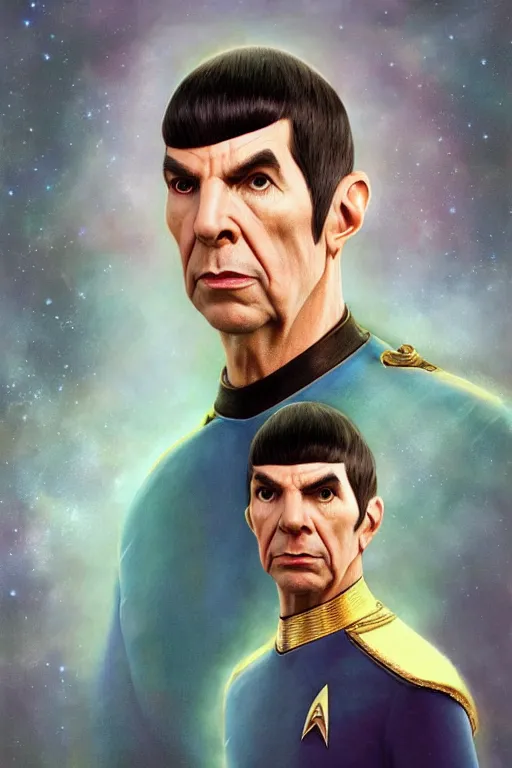 Image similar to photorealistic portrait photograph of spock as a glorious regal space king, sleek outfit, upper body, fantasy, handsome, depth of field, soft focus, highly detailed, intricate, realistic, national geographic cover, soft glow, textured, artstation, concept art, sharp focus, illustration, art by artgerm and greg rutkowski and alphonse mucha