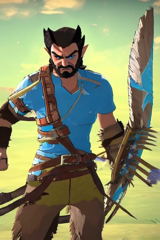 Image similar to in game footage of logan wolverine from the legend of zelda breath of the wild, breath of the wild art style.