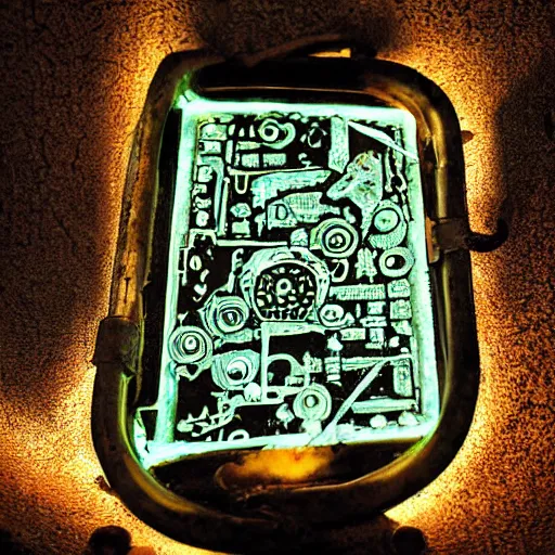 Prompt: ancient technology relic with glowing parts in the dark, by fenton, joe