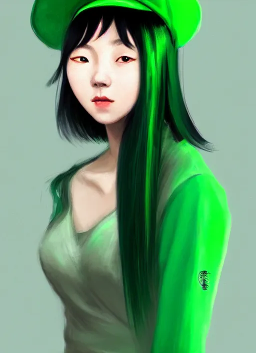 Image similar to portrait of a chinese girl with matte green hair, pixie long straight hair, wearing a light green hat, baseball cap, sophisticated, elegant, glowing lights, highly detailed, digital painting, art stand, concept art, smooth, clear focus, illustration, artwork by wlop, mars ravelo and greg rutkowski