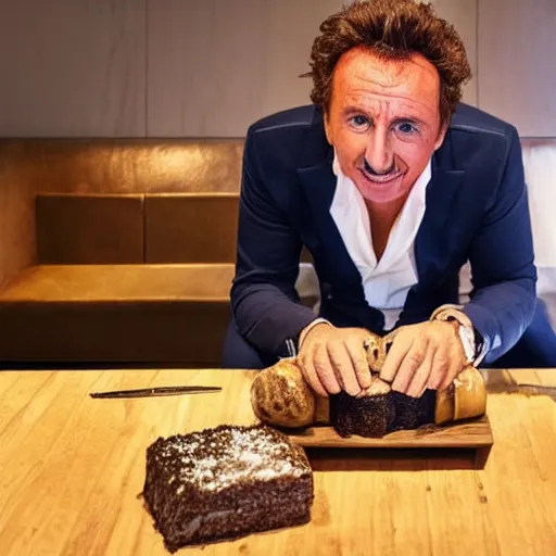 Prompt: Marco Borsato eating a brick in a Michelin star restaurant