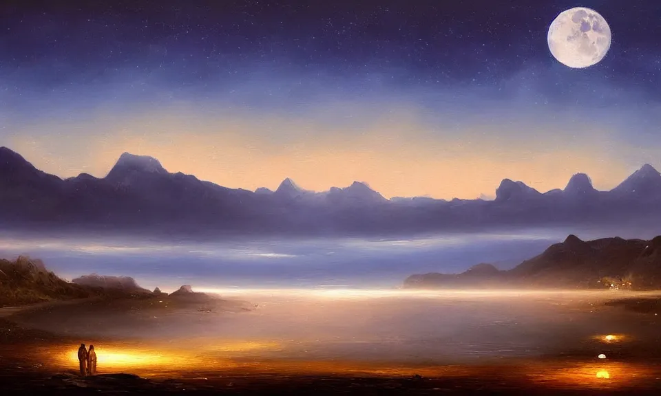 Prompt: the most beautiful panoramic landscape, oil painting, a beach at night lit by the moon, mountains in the distance, clouds, foggy, cinematic lighting, highly detailed, very realistic