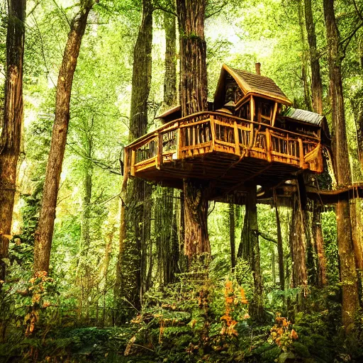 Image similar to a professional photograph of a treehouse in a forest covered in fairy lights, HD, high quality, highly detailed, award-winning