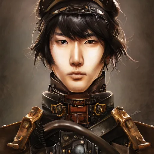 Image similar to portrait of a man by ayami kojima, korean, he is about 2 0 years old, short black hair with bangs, very tall and slender, smart looking, he is wearing a steampunk tactical gear, highly detailed portrait, digital painting, artstation, concept art, smooth, sharp foccus ilustration, artstation hq