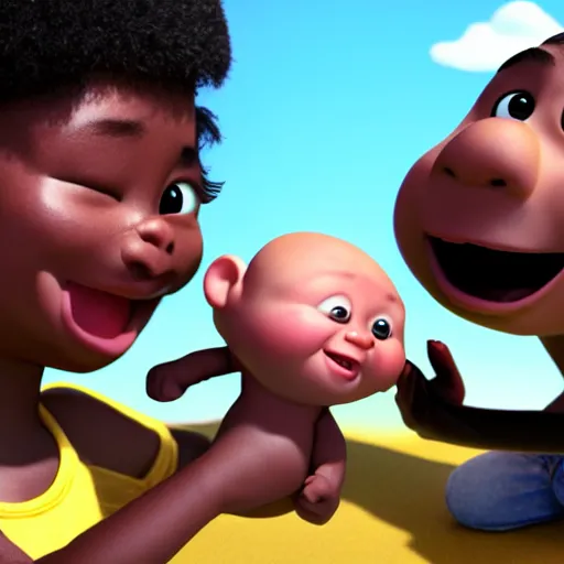 Image similar to black baby held by confused asian man, award winning art, pixar, 3 d render, unreal engine