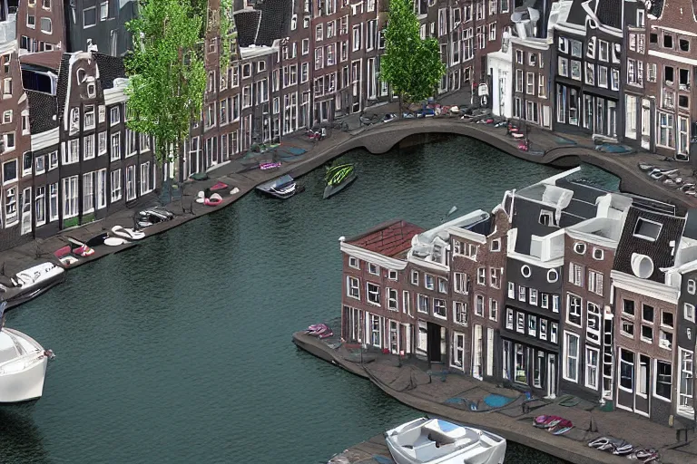 Image similar to view of houses in amsterdam, with water and boats, photography, 3 5 mm, hyper realistic, 8 k, unreal engine