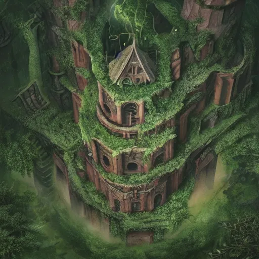 Image similar to giant ancient castle in an forest with some ivy plants on the walls, cinematic, epic, dramatic lighting from above, dark, vines, fantasy, dust, unreal engine, octane, highly detailed, concept art, dark, super realistic,