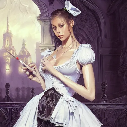 Image similar to a portrait of ornella muti as a french maid, urban motifs, intricate, elegant, highly detailed, digital painting, trending on artstation, concept art, smooth sharp focus, illustration, art by artgerm and greg rutkowski