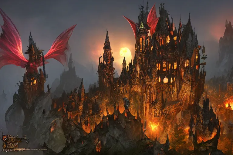 Image similar to big evil fairy castle - city rock dark shadow elves, might and magic heroes 7, dark fantasy, shadows, artstation trending, unreal engine 5, red