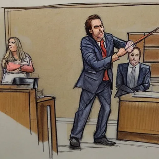 Image similar to a court sketch of saul goodman defending vineshroom in court, sketch art, court sketch art, saul goodman