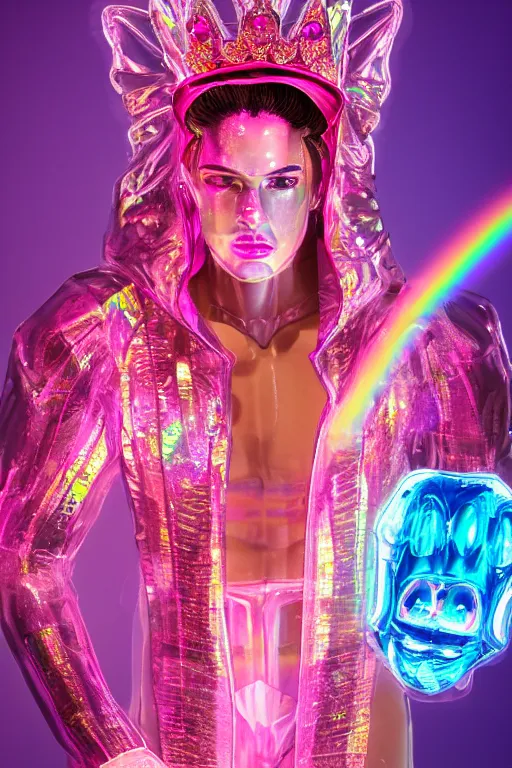 Image similar to hyper detailed ultra sharp fullbody photo of baroque and cyberpunk transparent pink gem sculpture of a muscular seductive young latino feeling muy cachondo, muy dotado, iridescent humanoid deity wearing pink plastic seethrough cloak, holding a rainbow tiger gem, blue diamond, glowing pink face, crown of white diamonds, cinematic lighting, photorealistic, octane render 8 k