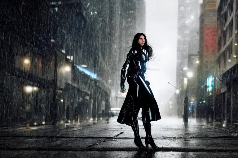 Image similar to vfx marvel sci-fi woman black super hero robot photo real full body action pose, city street cinematic lighting, rain and fog closeup by Emmanuel Lubezki